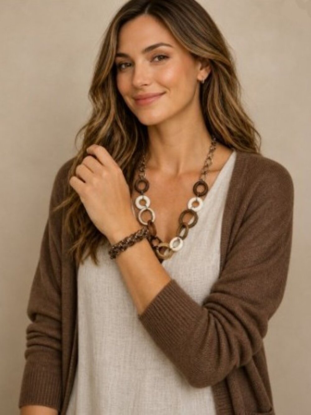 Mixed‑Material Wood, MOP, Resin & Metal Link Necklace + Free Macramé Bracelet